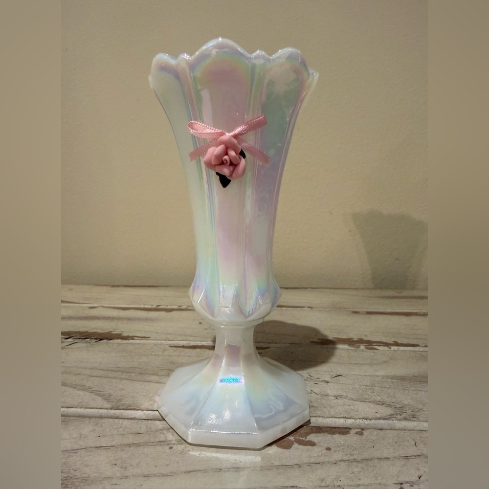 Vintage Fenton Iridescent Bud Vase with Pink Rose